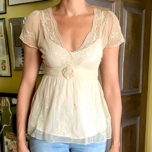 Tea-stained lace babydoll blouse w/ pink shell